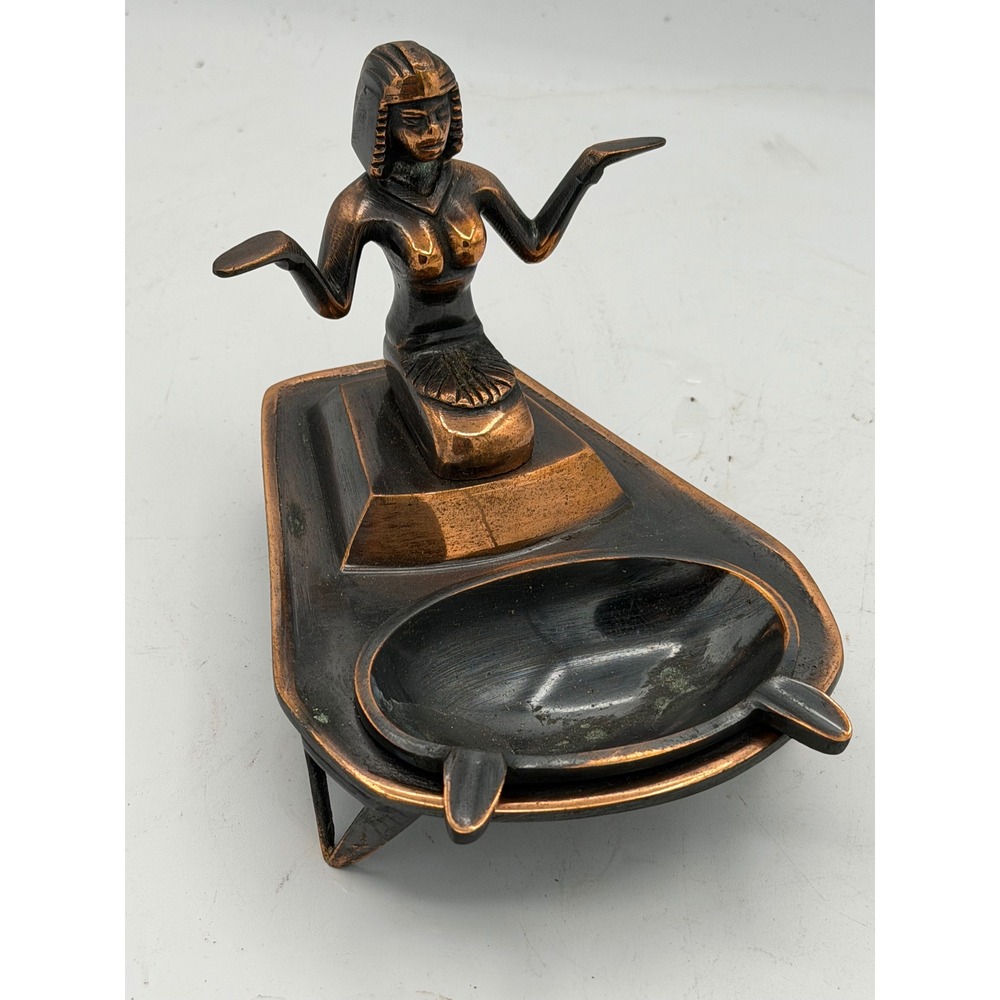 Vtg Art Deco Egyptian Revival Cleopatra Cast Metal Ashtray Copper Bronzed Finish